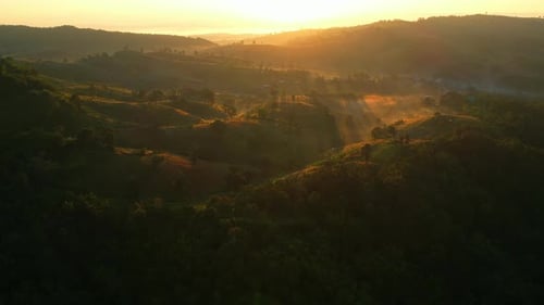 4K Aerial view of Mountains landscape with morning fog.