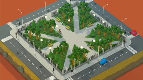 Urban aerial view of the park city block with trees, gardens and benches.