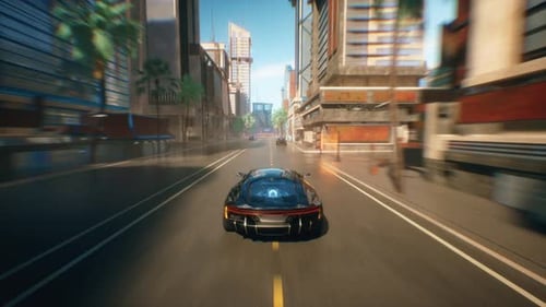 Futuristic Sports Car Speeding Through Modern City Street