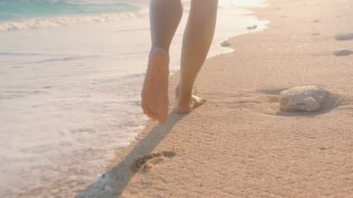 Close Up Beautiful Bare Feet Woman Walking on Sea Sand at High Tide
