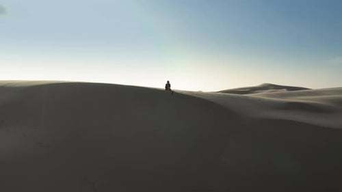 Aerial View of the Woman in the Wild Nature of Sand Dunes and Desert Scenery