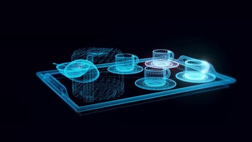 Futuristic Holographic Wireframe Tea Set Digital Display