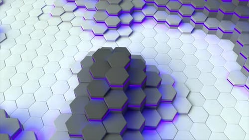 Dynamic Hexagon Grid with Pulsing Purple Neon Lights Background