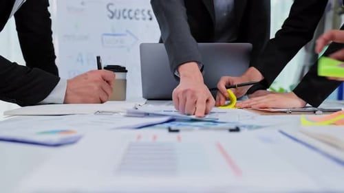 Group of Business people meeting in office. Man and woman wear mask, brainstorm plan company project