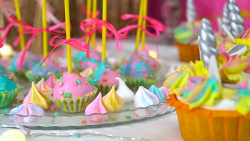 Decorated Children's Birthday Party. Unicorn Themed Treats, Close-up Against Colorful Background