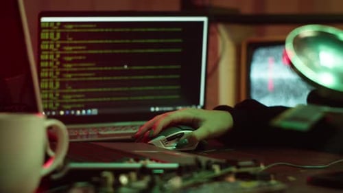 Hands Using Computer and Mouse to Write Code