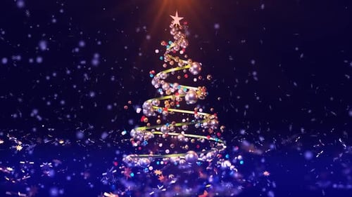 Animated Christmas Tree with Sparkling Ornaments and Falling Snow