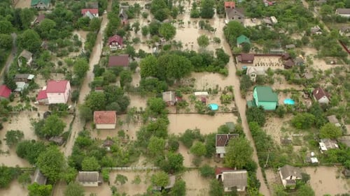 Aerial Drone View. Depiction of Flooding Mudslide. Suitable for Showing the Devastation Wrought