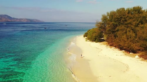 Aerial top down texture of paradise coastline beach time by shallow lagoon and white sandy backgroun