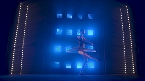 Elegant Ballerina Performing on Stage Under Blue Lights