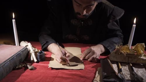 Man Writes with Quill by Candlelight