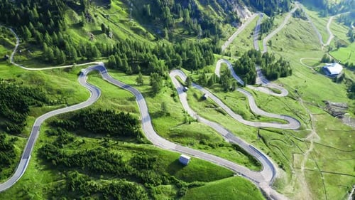 Winding road at Passo Gardena, aerial view, Dolomites