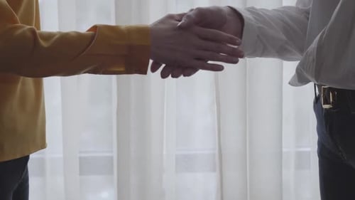 Close-up of Caucasian Business People Handshake. Unrecognizable Man and Woman Shaking Hands Indoors