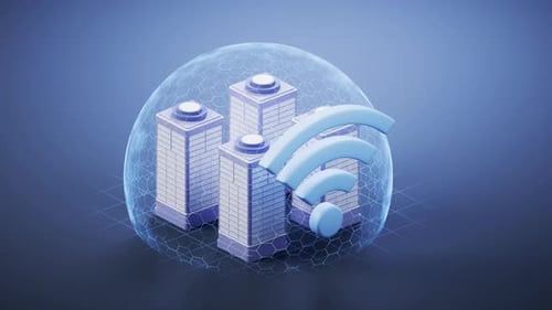 3D model city buildings and wifi sign