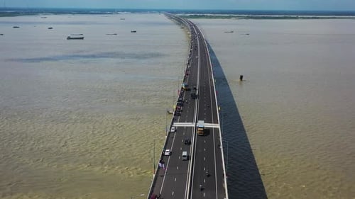 Aerial view of Padma bridge, over the Padma river by day, Dhaka, Bangladesh.
