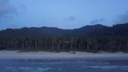 Luftsockel nach oben kippbar am leeren Strand mit Palmen und ruhigen Wellen in der Abenddämmerung am Long Beach,