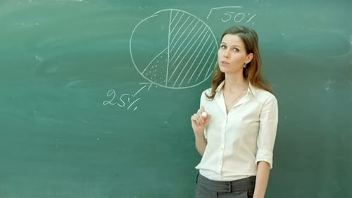 Woman Explains Math Graph at Chalkboard