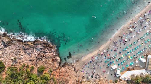 People swim in the azure sea aerial view 4 K Turkey Alanya