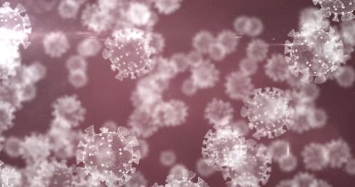 Animation of macro coronavirus Covid-19 cells floating on a red background