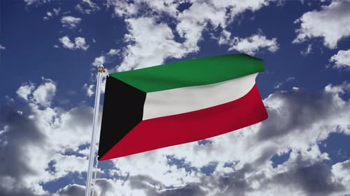 Kuwait National Flag Waving in Wind with Blue Sky