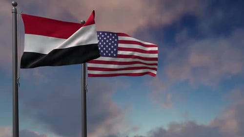 Waving Flags of Yemen and United States