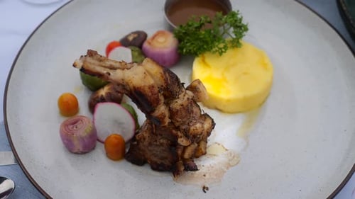 Grilled Rack of Lamb with Vegetables Garnish Restaurant Delicious Meat Dish