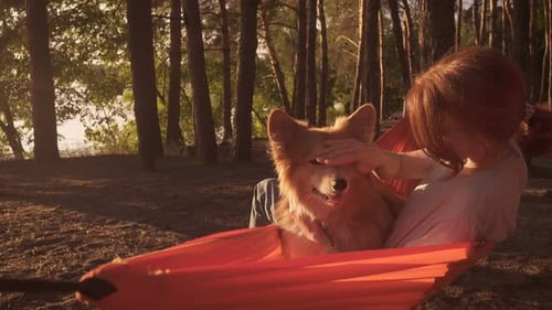 Woman Relaxing in Hammock with Corgi Dog in Forest