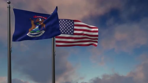 Drapeau de l'État du Michigan agitant avec le drapeau national des États-Unis - 4K