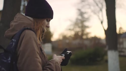 Beautiful Woman Using Smart Phone Technology App Walking Through City Streets Living Urban Happy