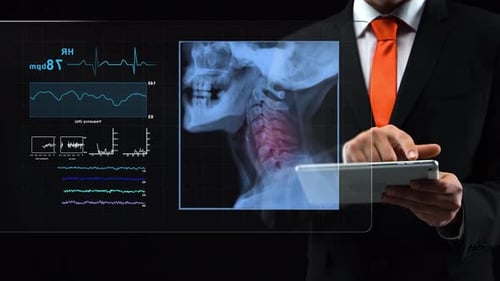Doctor Uses Holographic Interface, Working with a Tablet, Then Turn-on Touchscreen and Appears