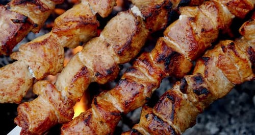 Delicious Meat Skewers Sizzling on Grill Fire