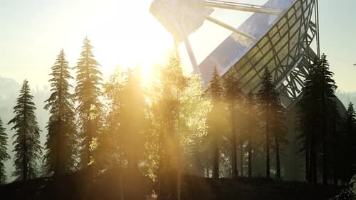 Le radiotélescope de l'Observatoire en forêt au coucher du soleil