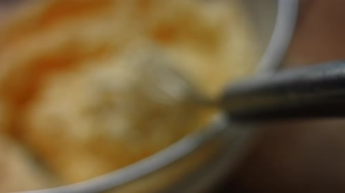 Yellow Batter in Bowl with Whisk Close Up