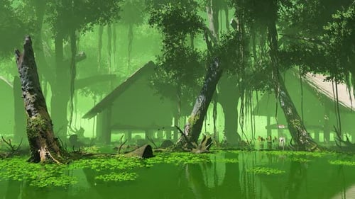 Surreal Animated Green Swamp Landscape with Floating Particles
