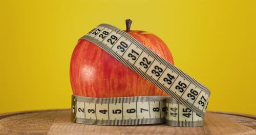 Apple Wrapped with Measuring Tape on Yellow Background