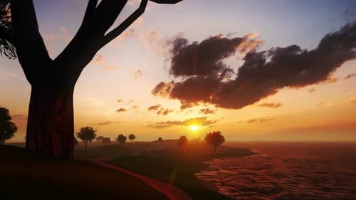 Panoramic Sunset Over Ocean Shoreline with Trees Scenic Animation