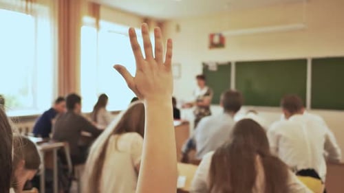 Students Learning and Raising Hand in Classroom