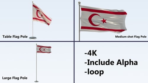Northern Cyprus Flag Waving Loop with Alpha Channel and Multiple Poles