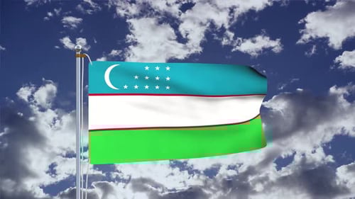Uzbekistan Flag Waving in Realistic Cloudy Sky