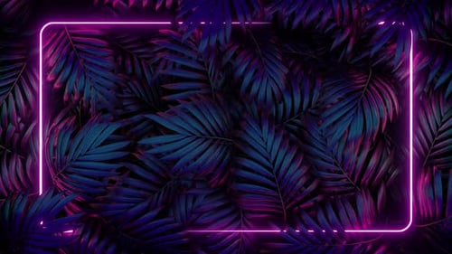 Leuchtender Neonrahmen mit grünen Pflanzenblättern 4K