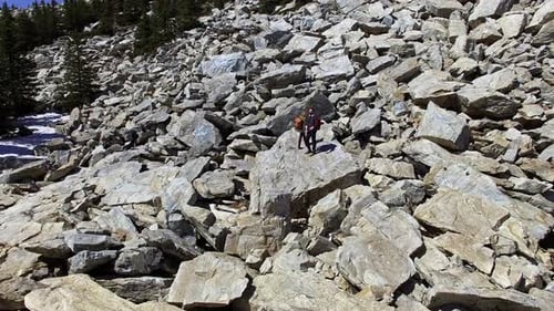 Aerial of Girlfriend and Boyfriend Standing on Boulder