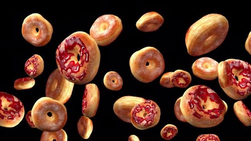 Delicious Donuts Falling with Red Glaze and Powdered Sugar