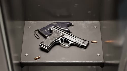 Handfeuerwaffe und Elektroschocker im Regal in einem metallgrauen Schließfach am Schulflur.