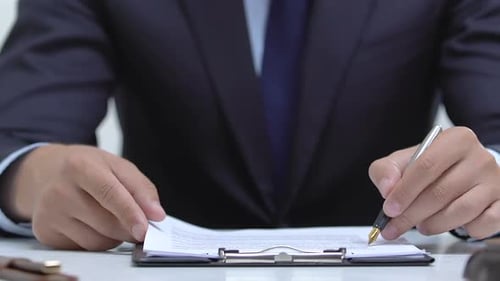 Abogado profesional leyendo atentamente el acuerdo, trabajo responsable, justicia