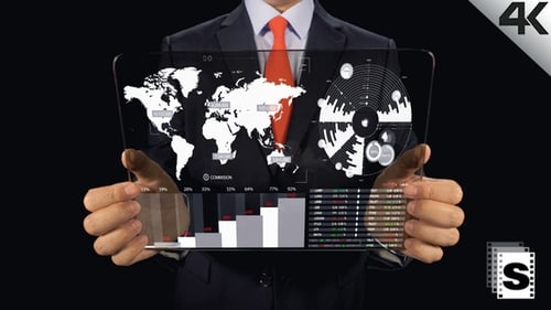 Man Holding Transparent Data Screen with World Map