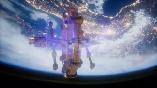Futuristic Space Station Orbiting Earth at Night