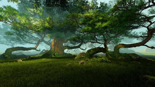 Animated Misty Forest with Ancient Green Trees