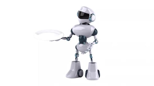 Minimalist 3D Animated Robot Holding Blank Serving Plate