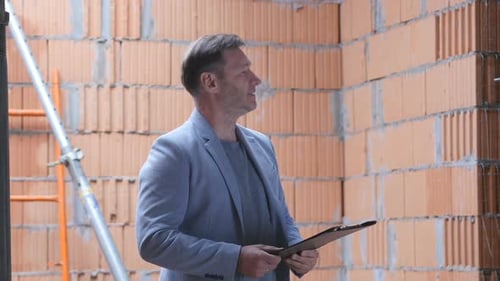 Businessman with Tablet Checks the Quality of the Works on the Construction Site