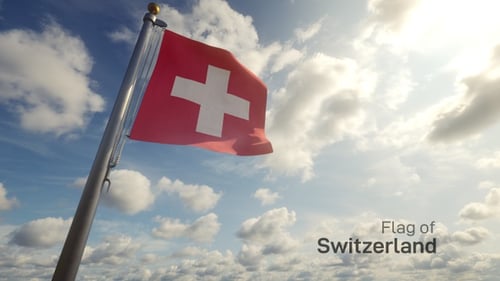 Swiss Flag Waving In Blue Sky With Clouds